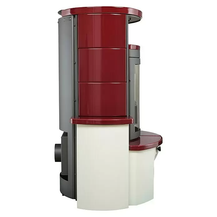 Hark Kaminofen Avenso GT ECOplus - 8 kW, Raumheizvermögen: 220 m³, Material Verkleidung: Keramik, Bordeaux - Moderner rot-grauer Kaminofen mit cremefarbenem Unterschrank.