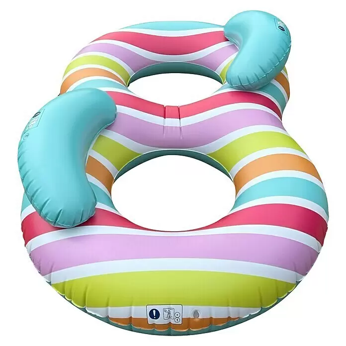 Swim Essentials Schwimmring - 170 x 90 cm, Mehrfarbig - Gestreifter aufblasbarer Schwimmring in Achterform mit zwei hellblauen Kopfstützen.