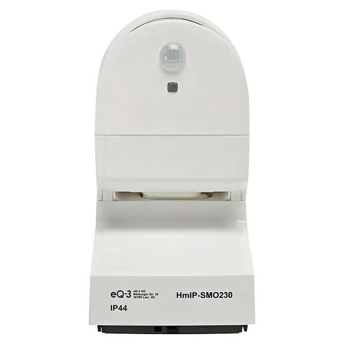 Homematic IP Bewegungsmelder mit Schaltaktor - Weiß, 1.150 W - Nahaufnahme des eQ-3 HmIP-SMO230 Bewegungsmelders, einem Gerät für Smart-Home-Sicherheit mit Infrarotsensor und weißem Gehäuse.