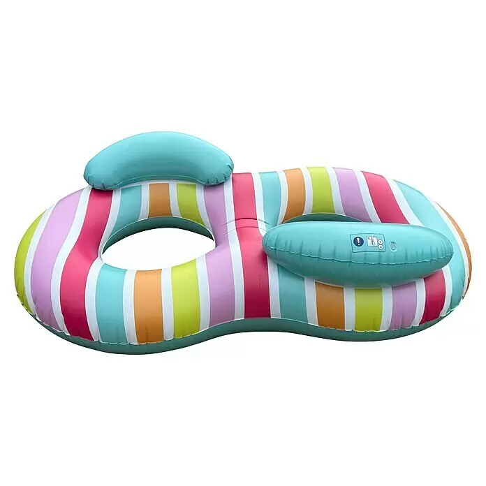 Swim Essentials Schwimmring - 170 x 90 cm, Mehrfarbig - Bunt gestreifte aufblasbare Doppel-Poolliege mit zwei weichen blauen Kopfstützen.