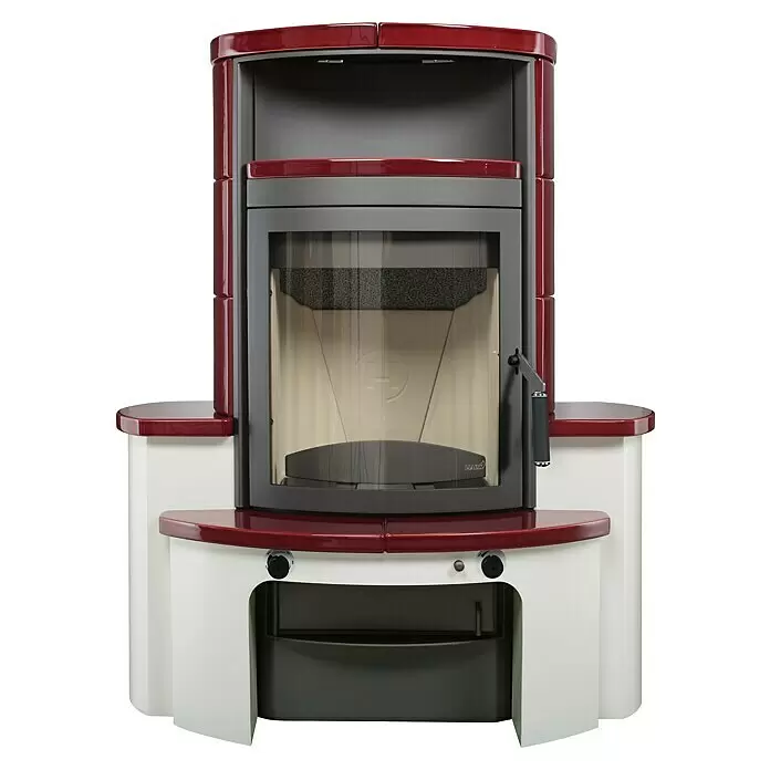 Hark Kaminofen Avenso GT ECOplus - 8 kW, Raumheizvermögen: 220 m³, Material Verkleidung: Keramik, Bordeaux - Moderner rot-weißer Kaminofen mit Keramikverkleidung und Glastür.