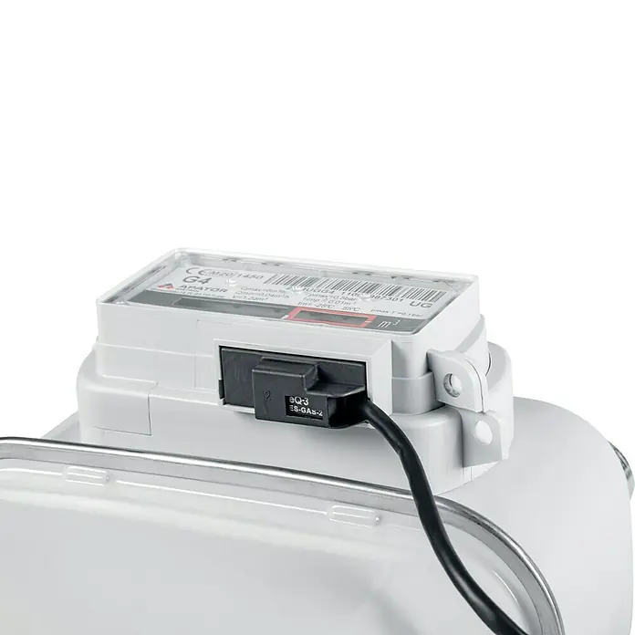 Homematic IP Kontakt-Schnittstelle HmIP-ESI-GAS für Gaszähler - Batteriebetrieben - Nahaufnahme eines eQ-3 ES-GAS-2 Gaszählers, der die präzise Messung des Gasverbrauchs für Abrechnungszwecke ermöglicht.