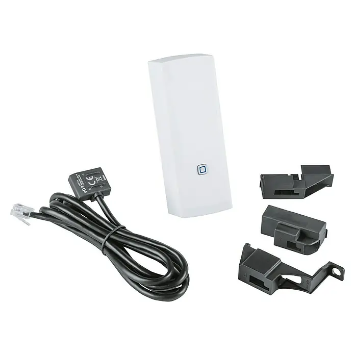 Homematic IP Kontakt-Schnittstelle HmIP-ESI-GAS für Gaszähler - Batteriebetrieben - Produktdarstellung: Ein weißer WLAN-Controller mit Zubehör, darunter ein schwarzes Kabel und Montagehalterungen.