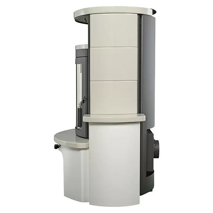 Hark Kaminofen Avenso GT ECOplus - 6 kW, Raumheizvermögen: 165 m³, Material Verkleidung: Keramik, Weiß/Creme - Moderner Pelletofen mit hellbeigen Keramikplatten und grauem Metallrahmen, mit Glassichtfenster.