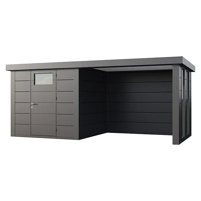 Telluria Metallgerätehaus Classico 2424 mit Lounge S rechts inkl. 2 Fenster und Elektro-Set - Außenmaß inkl. Dachüberstand (B x T): 542 x 258 cm, Stahl, Anthrazit, Inkl. Innenwandverkleidung & Elektro-Set - Modernes graues Gerätehaus mit Doppeltür, kleinem Fenster und überdachtem Bereich für zusätzlichen Stauraum im Garten.