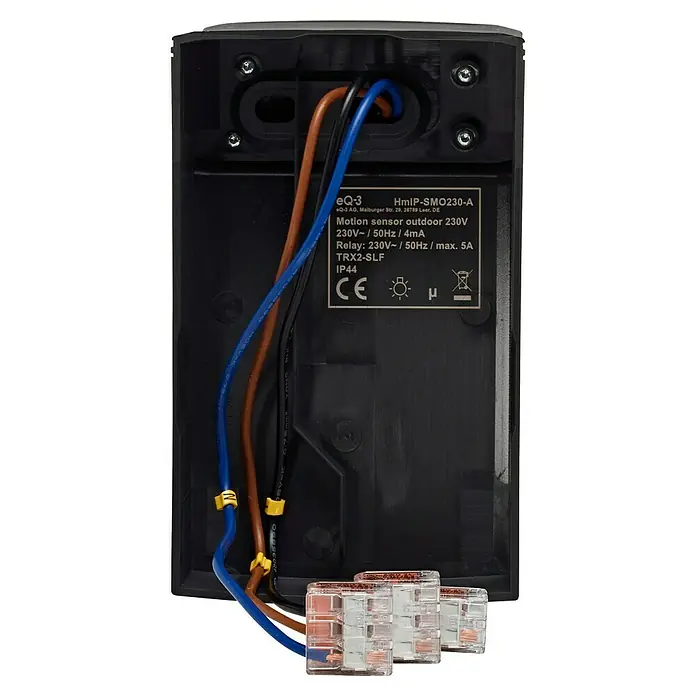 Homematic IP Bewegungsmelder mit Schaltaktor - Anthrazit, 1.150 W - Nahaufnahme einer eQ-3 HmIP-SMO230-A Bewegungsmelder-Außenleuchte mit sichtbarer Verkabelung und CE-Kennzeichnung für den europäischen Markt.