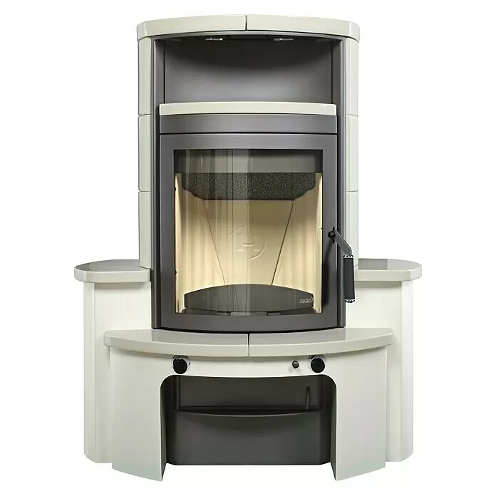 Hark Kaminofen Avenso GT ECOplus - 6 kW, Raumheizvermögen: 165 m³, Material Verkleidung: Keramik, Weiß/Creme - Moderner Holzofen mit cremeweißer, gebogener Verkleidung, dunkelgrauem Rahmen, großer Glastür, zwei Seitenablagen und Frontbedienknöpfen.