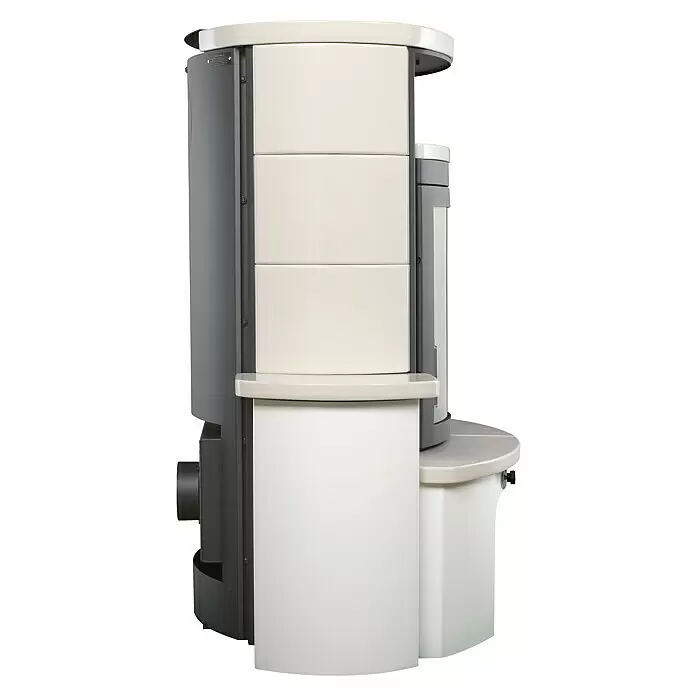 Hark Kaminofen Avenso GT ECOplus - 6 kW, Raumheizvermögen: 165 m³, Material Verkleidung: Keramik, Weiß/Creme - Moderner weißer und dunkelgrauer Pelletofen mit geschwungenen modularen Platten.