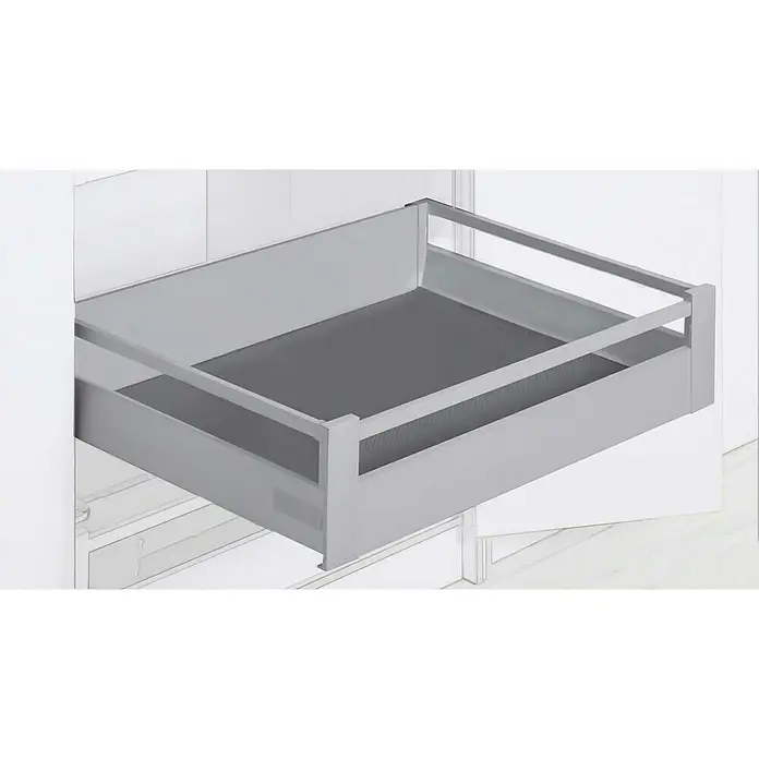 Cajón Modul box con separador - L x An x Al: 48 x 59 x 15,2 cm - Esta imagen muestra un inserto de cajón gris con barandilla, ideal para cocinas. Ofrece espacio de almacenamiento y organización.