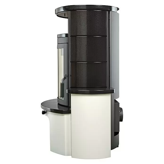 Hark Kaminofen Avenso GT ECOplus - 8 kW, Raumheizvermögen: 220 m³, Material Verkleidung: Keramik, Meteor-Schwarz - Moderner dunkelgrauer und cremefarbener Ofen mit strukturierter Oberfläche und Sichtfenster.
