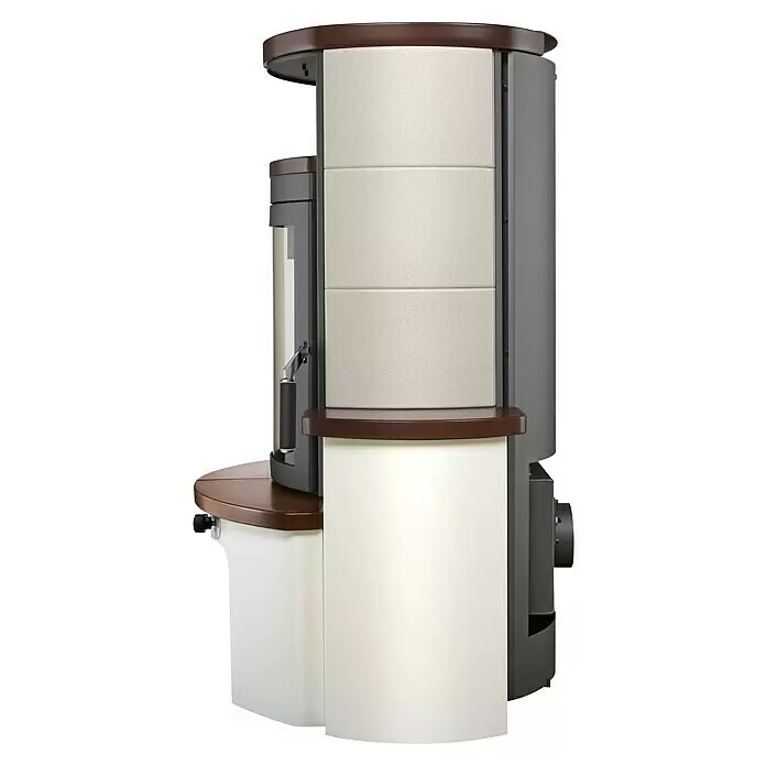 Hark Kaminofen Avenso GT ECOplus - 8 kW, Raumheizvermögen: 220 m³, Material Verkleidung: Keramik, Jola-Braun - Moderner Pelletofen mit cremefarbenen Paneelen, dunkelbrauner Oberseite und Seitenfenster.