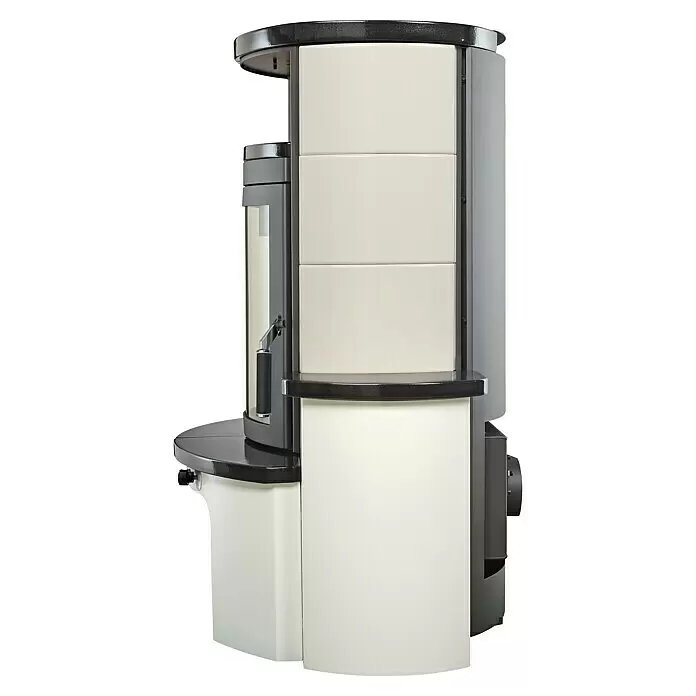 Hark Kaminofen Avenso GT ECOplus - 6 kW, Raumheizvermögen: 165 m³, Material Verkleidung: Keramik, Weiß/Meteor-Schwarz - Moderner creme- und dunkelgrauer Ofen mit Keramikfrontplatten und Glastür.