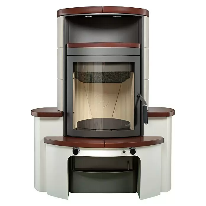 Hark Kaminofen Avenso GT ECOplus - 8 kW, Raumheizvermögen: 220 m³, Material Verkleidung: Keramik, Jola-Braun - Moderner Kaminofen in hellem Keramik und Braun, mit dunklem Metallrahmen und Glastür.