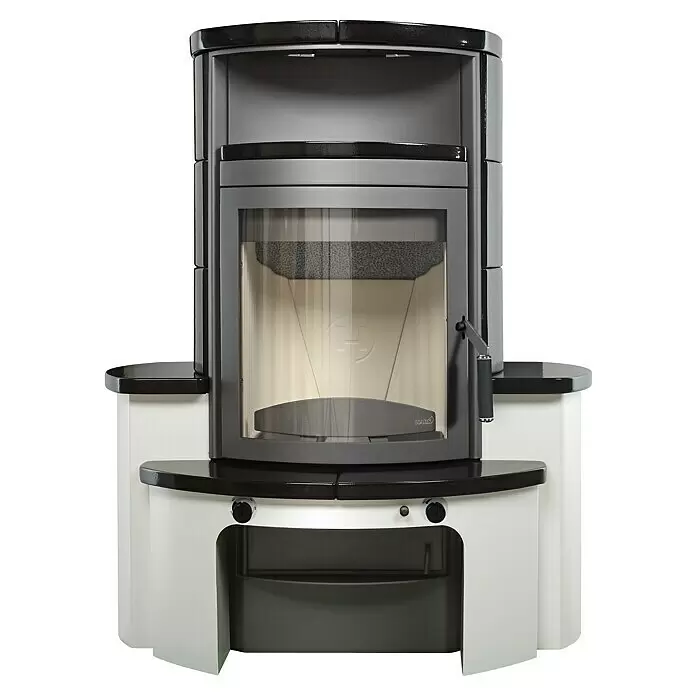 Hark Kaminofen Avenso GT ECOplus - 8 kW, Raumheizvermögen: 220 m³, Material Verkleidung: Keramik, Meteor-Schwarz - Moderner grauer Holzofen mit schwarzer Oberseite, Glastür und weißem Unterbau mit schwarzen Ablagen.