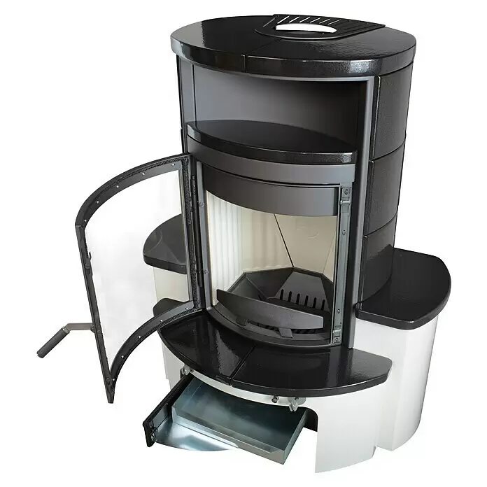 Hark Kaminofen Avenso GT ECOplus - 8 kW, Raumheizvermögen: 220 m³, Material Verkleidung: Keramik, Meteor-Schwarz - Schwarz-weißer Holzofen mit geöffneter Glastür, Blick auf Brennraum und Rost, Aschenschublade herausgezogen.