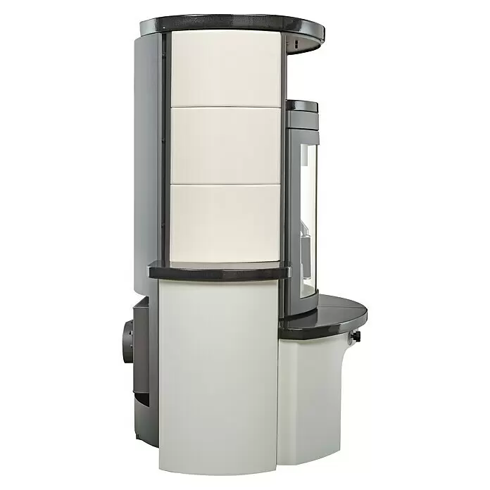 Hark Kaminofen Avenso GT ECOplus - 6 kW, Raumheizvermögen: 165 m³, Material Verkleidung: Keramik, Weiß/Meteor-Schwarz - Moderner cremefarbener Keramikofen mit dunklen Akzenten und Glasscheibe.