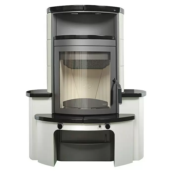 Hark Kaminofen Avenso GT ECOplus - 6 kW, Raumheizvermögen: 165 m³, Material Verkleidung: Keramik, Weiß/Meteor-Schwarz - Moderner freistehender Kaminofen mit weißen Keramikseiten, schwarzen Steinplatten und großer Glastür.