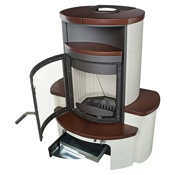 Hark Kaminofen Avenso GT ECOplus - 8 kW, Raumheizvermögen: 220 m³, Material Verkleidung: Keramik, Jola-Braun - Moderner Holzofen mit brauner Oberseite, cremeweißem Korpus, geöffneter Glastür und sichtbarem Brennraum mit Aschelade.