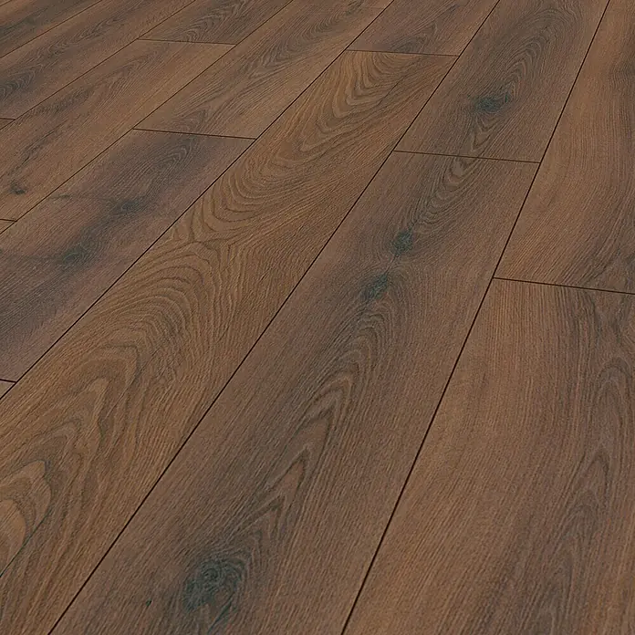 Krono Original Laminatmuster Organic Clever Silent Bourbon Hills Oak - 297 x 195 x 7 mm, Landhausdiele - Braune Holzbodenbretter mit einer markanten Maserung, die eine warme und natürliche Atmosphäre im Raum erzeugen.