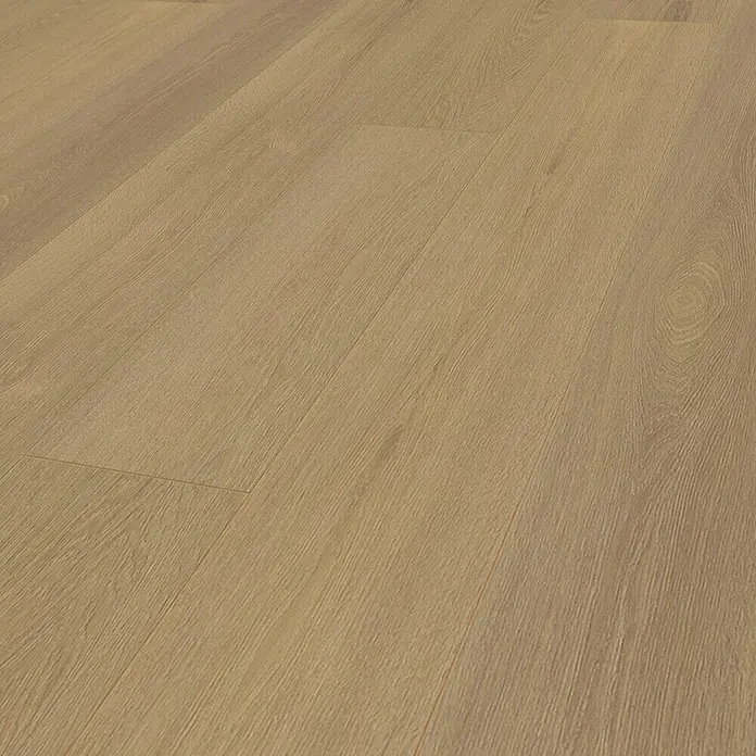 Krono Original Laminatmuster Organic Clever Long Silent Natura Montreux Oak - 297 x 245 x 7 mm, Landhausdiele - Nahaufnahme eines hellen, strukturierten Laminatbodens, der die natürliche Holzoptik mit Maserung und warmen Farbtönen betont.