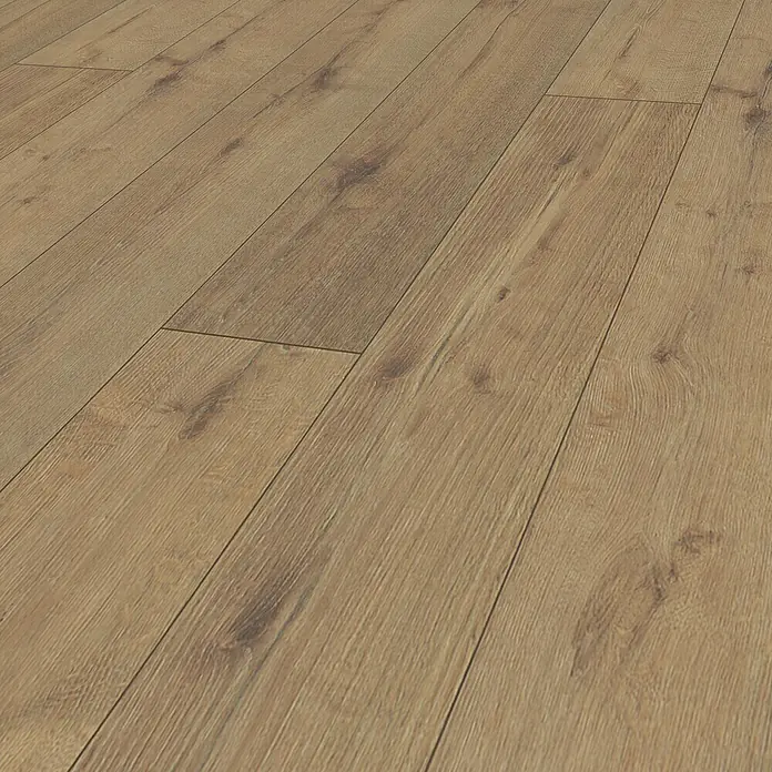 Krono Original Laminatmuster Organic Clever Long Silent Sepia Tegernsee Oak - 297 x 245 x 7 mm, Landhausdiele - Nahaufnahme eines hellbraunen Laminatbodens, der die Textur und das Muster des Materials hervorhebt.