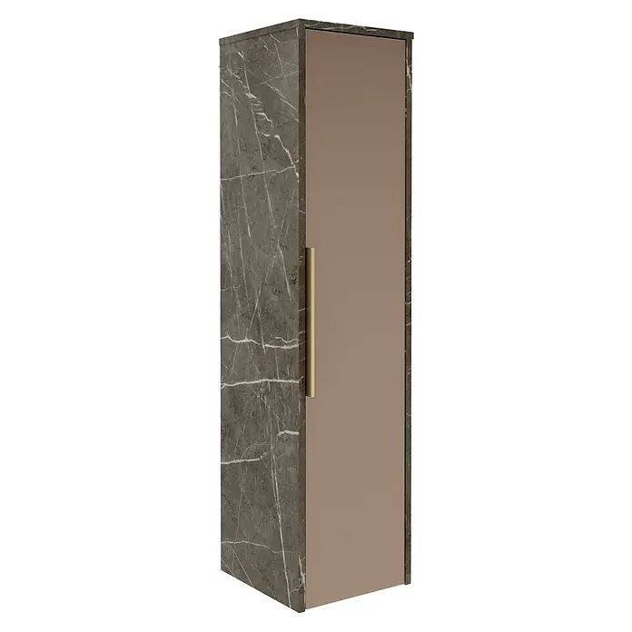 Camargue Marble Midischrank - 30 x 32,5 x 121,6 cm, Goldbronze, DIN Anschlag: Rechts - Ein stilvoller, hochformatiger Badezimmerschrank mit Marmorstruktur und einer Tür mit elegantem, senfgelbem Griff.