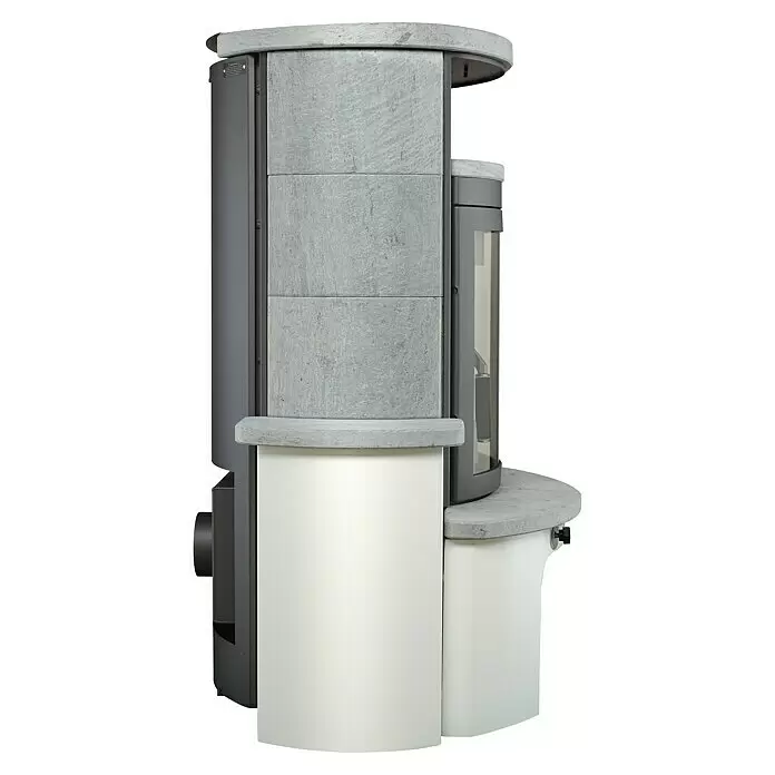 Hark Kaminofen Avenso GT ECOplus - 8 kW, Raumheizvermögen: 220 m³, Naturstein - Eckofen mit grauen Steinplatten, weißem Sockel und dunklem Metallrahmen mit Glastür.