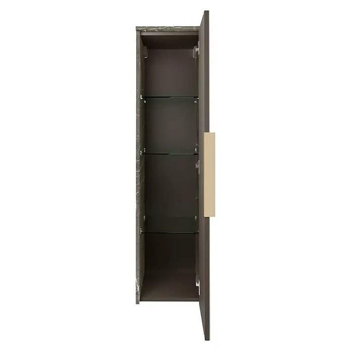 Camargue Marble Midischrank - 30 x 32,5 x 121,6 cm, Goldbronze, DIN Anschlag: Rechts - Offener, brauner, hängender Badezimmerschrank mit drei transparenten Glasböden und einem goldenen, langen Griff.