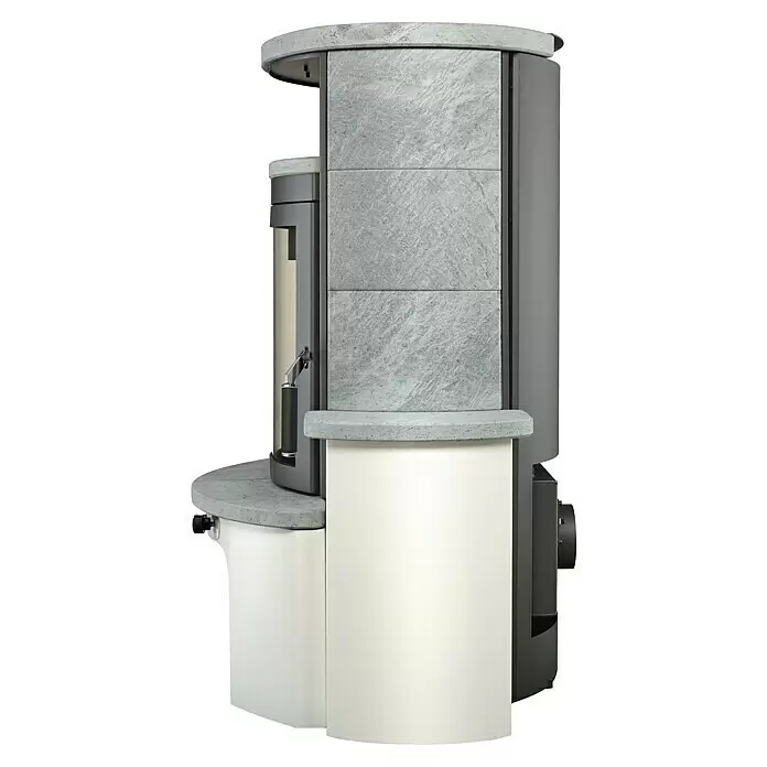 Hark Kaminofen Avenso GT ECOplus - 8 kW, Raumheizvermögen: 220 m³, Naturstein - Moderner Holzofen mit grauen Steinplatten, dunklem Metallrahmen und hellem Creme-Sockel.