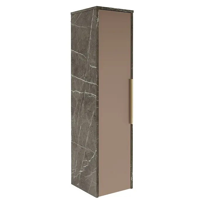 Camargue Marble Midischrank - 30 x 32,5 x 121,6 cm, Goldbronze, DIN Anschlag: Links - Abgebildeter Hochschrank mit Marmorstruktur und glatter Tür in Taupe. Ein goldener Griff vervollständigt das elegante Design.