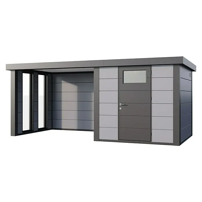 Telluria Metallgerätehaus Classico 2424 mit Lounge S links inkl. 2 Fenster und Elektro-Set - Außenmaß inkl. Dachüberstand (B x T): 542 x 258 cm, Stahl, Lichtgrau/Anthrazit, Inkl. Innenwandverkleidung & Elektro-Set - Ein modernes Gartenhaus mit Flachdach, grauen Paneelen und einer Tür mit Fenster bietet stilvollen Stauraum für den Außenbereich.