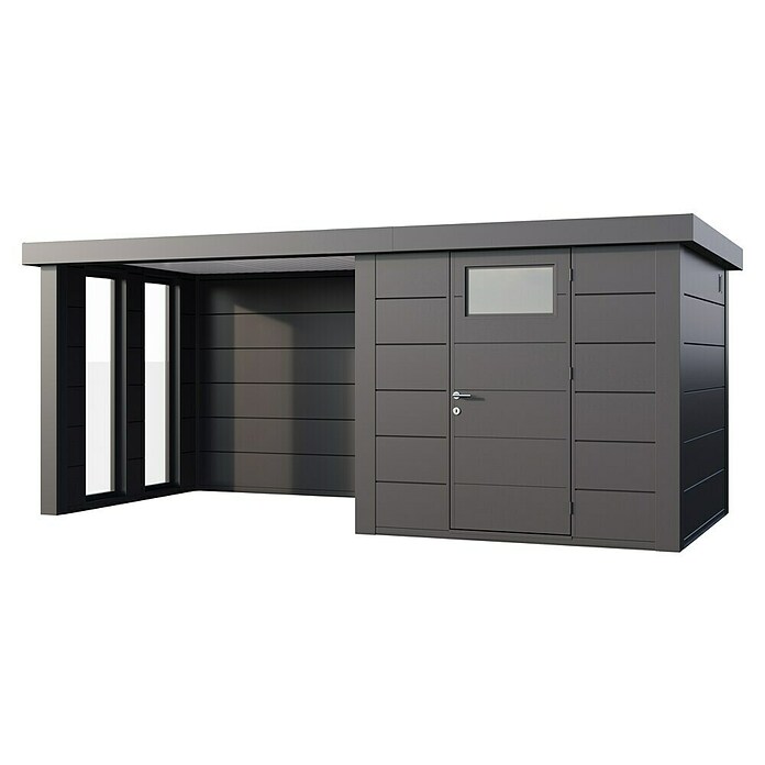 Telluria Metallgerätehaus Classico 2424 mit Lounge S links inkl. 2 Fenster (Außenmaß inkl. Dachüberstand (B x T): 542 x 258 cm, Stahl, Anthrazit, Ohne Set) | BAUHAUS