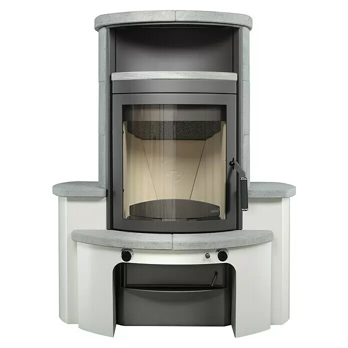 Hark Kaminofen Avenso GT ECOplus - 8 kW, Raumheizvermögen: 220 m³, Naturstein - Moderner Kaminofen mit heller Steinoberfläche, weißem Sockel, dunkelgrauem Metallgehäuse, großer Glastür und Bedienknöpfen.