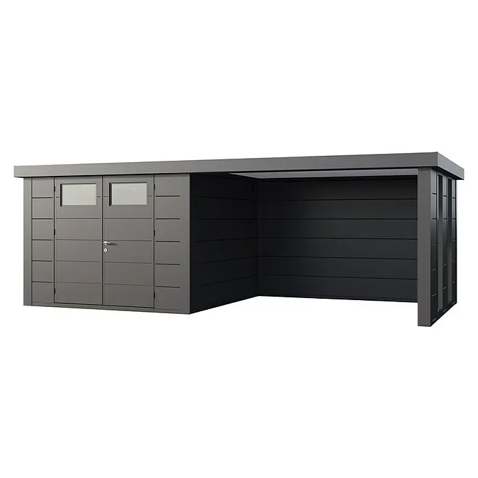 Telluria Metallgerätehaus Classico 3030 mit Lounge L rechts inkl. 2 Fenster - Außenmaß inkl. Dachüberstand (B x T): 662 x 318 cm, Stahl, Anthrazit, Ohne Set - Geräumiger Gerätehaus-Carport-Kombination aus Metall. Ein moderner grauer Schuppen mit einer überdachten Fläche als Abstellplatz oder Unterstand.