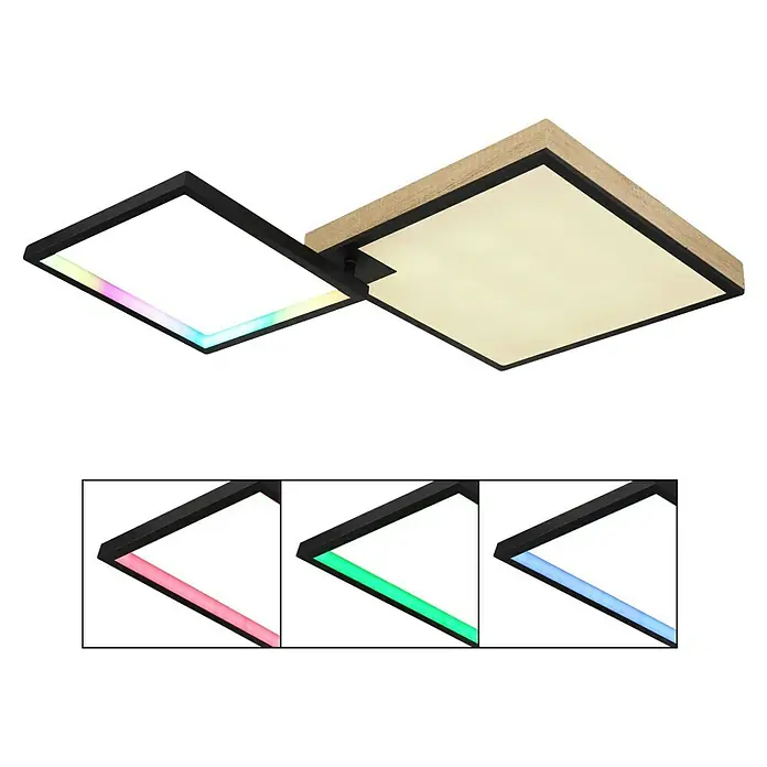 Globo LED-Deckenleuchte Jacky - 40 W, Warmweiß, Holzoptik/Schwarz, L x B x H: 855 x 550 x 100 mm - Modern gestaltete LED-Deckenleuchte mit zwei Quadraten, eines mit RGB-Funktion und eines mit warmweißem Licht.