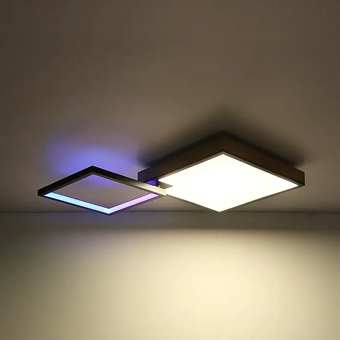 Globo LED-Deckenleuchte Jacky - 40 W, Warmweiß, Holzoptik/Schwarz, L x B x H: 855 x 550 x 100 mm - Moderne LED-Deckenleuchte mit zwei Quadraten, eines in Weiß und eines mit blauem Akzent. Schafft stilvolle Atmosphäre.