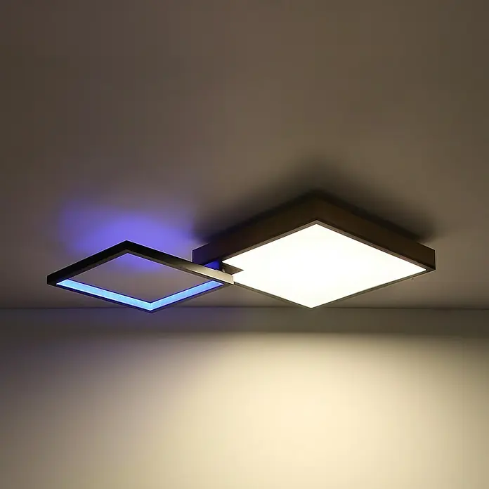Globo LED-Deckenleuchte Jacky - 40 W, Warmweiß, Holzoptik/Schwarz, L x B x H: 855 x 550 x 100 mm - Deckenleuchte mit zwei quadratischen LED-Elementen, eines in Weiß und eines in Blau, für moderne Beleuchtung.