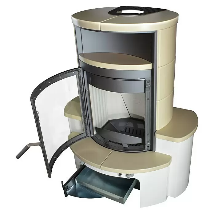 Hark Kaminofen Avenso GT ECOplus - 8 kW, Raumheizvermögen: 220 m³, Material Verkleidung: Keramik, Creme - Moderner beiger und weißer Holzofen mit offener Glastür, der Brennraum und Aschefach zeigt.
