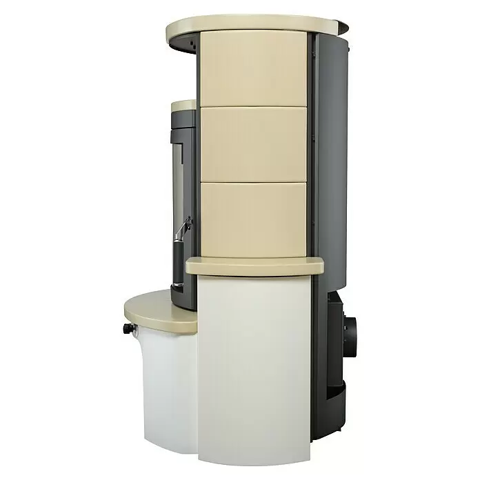 Hark Kaminofen Avenso GT ECOplus - 8 kW, Raumheizvermögen: 220 m³, Material Verkleidung: Keramik, Creme - Cremefarbener und dunkelgrauer Pelletofen.
