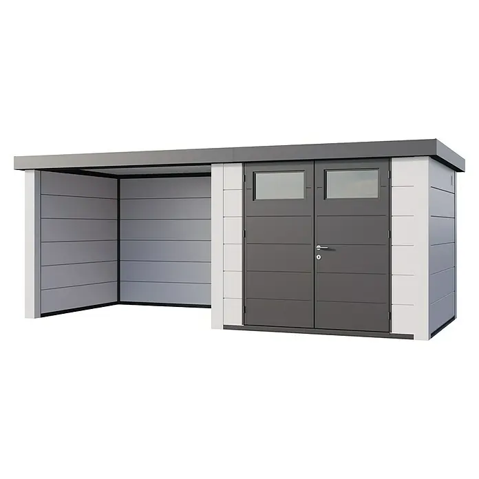 Telluria Metallgerätehaus Classico 2724 mit Lounge S links inkl. Elektro-Set - Außenmaß inkl. Dachüberstand (B x T): 572 x 258 cm, Stahl, Weiß, Inkl. Innenwandverkleidung & Elektro-Set - Das Bild zeigt ein modernes Gerätehaus mit einer offenen Seite und einer Doppeltür. Das Haus ist in Grau- und Weißtönen gehalten.