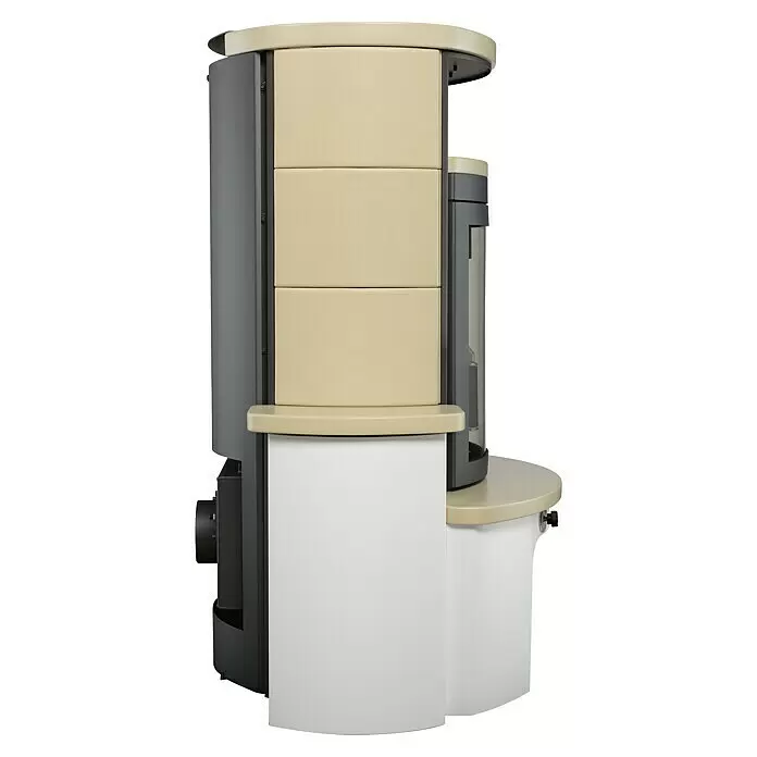 Hark Kaminofen Avenso GT ECOplus - 8 kW, Raumheizvermögen: 220 m³, Material Verkleidung: Keramik, Creme - Moderner Ofen mit grauem Metallgehäuse, hellbeigen Keramikplatten und Glastür.