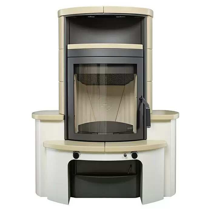 Hark Kaminofen Avenso GT ECOplus - 8 kW, Raumheizvermögen: 220 m³, Material Verkleidung: Keramik, Creme - Moderner Kaminofen in Creme und Dunkelgrau mit Glastür, oberem Wärmefach und unterer Ablage, mit Bedienknöpfen.