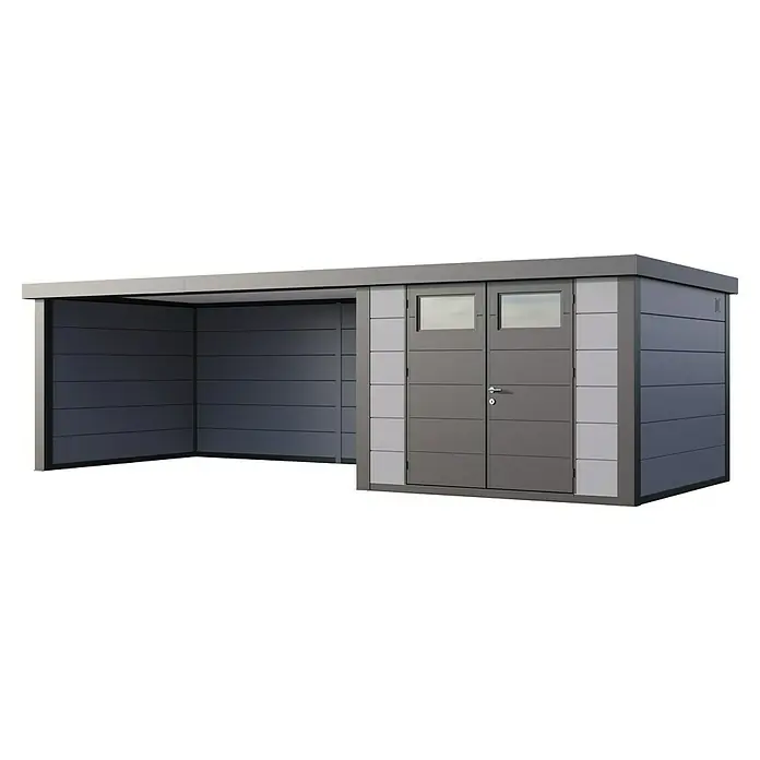 Telluria Metallgerätehaus Classico 3330 mit Lounge XL links inkl. Elektro-Set - Außenmaß inkl. Dachüberstand (B x T): 812 x 318 cm, Stahl, Lichtgrau/Anthrazit, Inkl. Innenwandverkleidung & Elektro-Set - Modernes Gartenhaus mit Doppeltür und integriertem Unterstand. Praktische und stilvolle Lösung für den Garten, bietet Stauraum und Schutz.