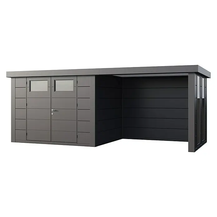 Telluria Metallgerätehaus Classico 3024 mit Lounge S rechts inkl. 2 Fenster und Elektro-Set - Außenmaß inkl. Dachüberstand (B x T): 602 x 258 cm, Stahl, Anthrazit, Inkl. Innenwandverkleidung & Elektro-Set - Eine moderne, anthrazitfarbene Gerätehütte mit Doppeltür und seitlichem Unterstand bietet viel Stauraum und Schutz für Gartengeräte.
