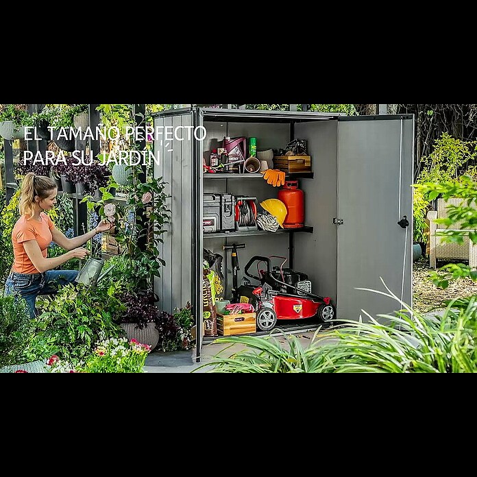 Keter Armario para jardín High Store Plus (140 x 73,5 x 170 cm, Plástico, Gris) | BAUHAUS
