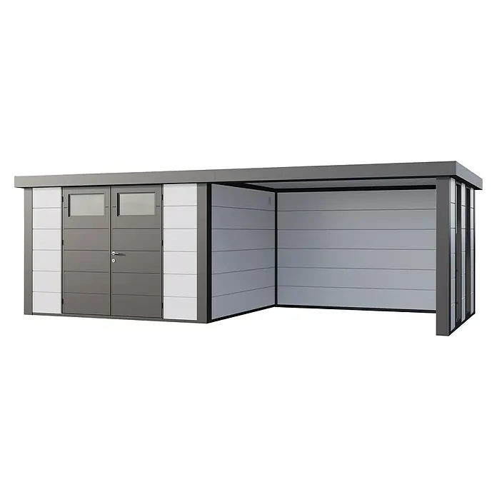 Telluria Metallgerätehaus Classico 3330 mit Lounge L rechts inkl. 2 Fenster und Elektro-Set - Außenmaß inkl. Dachüberstand (B x T): 692 x 318 cm, Stahl, Weiß/Anthrazit, Inkl. Innenwandverkleidung & Elektro-Set - Ein modernes Gerätehaus mit Doppeltür und Carport bietet Stauraum und Wetterschutz. Ideal für Gartenwerkzeug und als Unterstand für Gartengeräte.