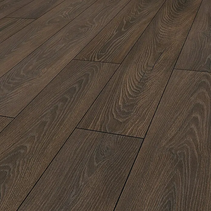 Krono Original Laminat Atlantic 10 - Espresso Carpenter Oak, Landhausdiele, 1.288 x 195 x 10 mm - Dunkelbraune Laminatboden-Textur mit natürlicher Holzmaserung für ein modernes und stilvolles Wohnambiente.