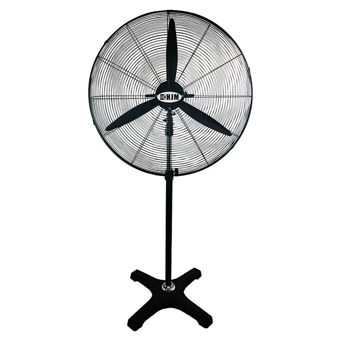 HJM Ventilador de pie Vis680 - Negro, 60 cm, 141 cm - 181 cm - La imagen muestra un ventilador de pie negro con una rejilla de seguridad redonda y una base en forma de X, con el logo "HJM" en el centro.
