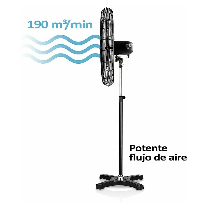 HJM Ventilador de pie Vis680 - Negro, 60 cm, 141 cm - 181 cm - Imagen de un potente ventilador de pie negro con un flujo de aire de 190 m³/min, que proporciona una circulación de aire óptima.