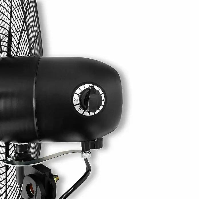 HJM Ventilador de pie Vis680 - Negro, 60 cm, 141 cm - 181 cm - Detalle de un ventilador de pared negro con un mando para regular la velocidad. El ventilador está a velocidad 0.